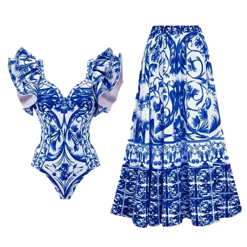 Monochrome Suit Set - Printed One Piece Swimsuit for Women,