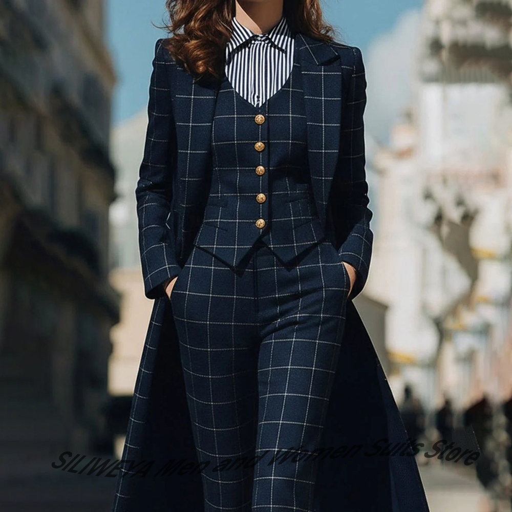 Women'S Formal Wear Suit - Sophisticated Navy Blue Women's Plaid Blazers