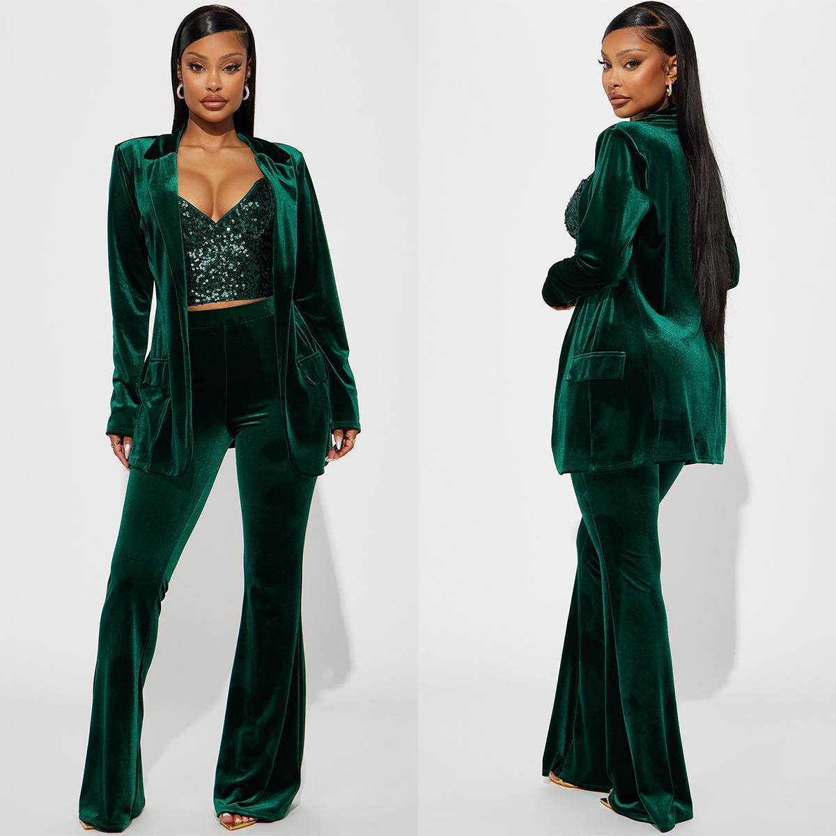 Green Velvet Women Pants Suits - Women Formal Wear With Tie ulasan dan harga